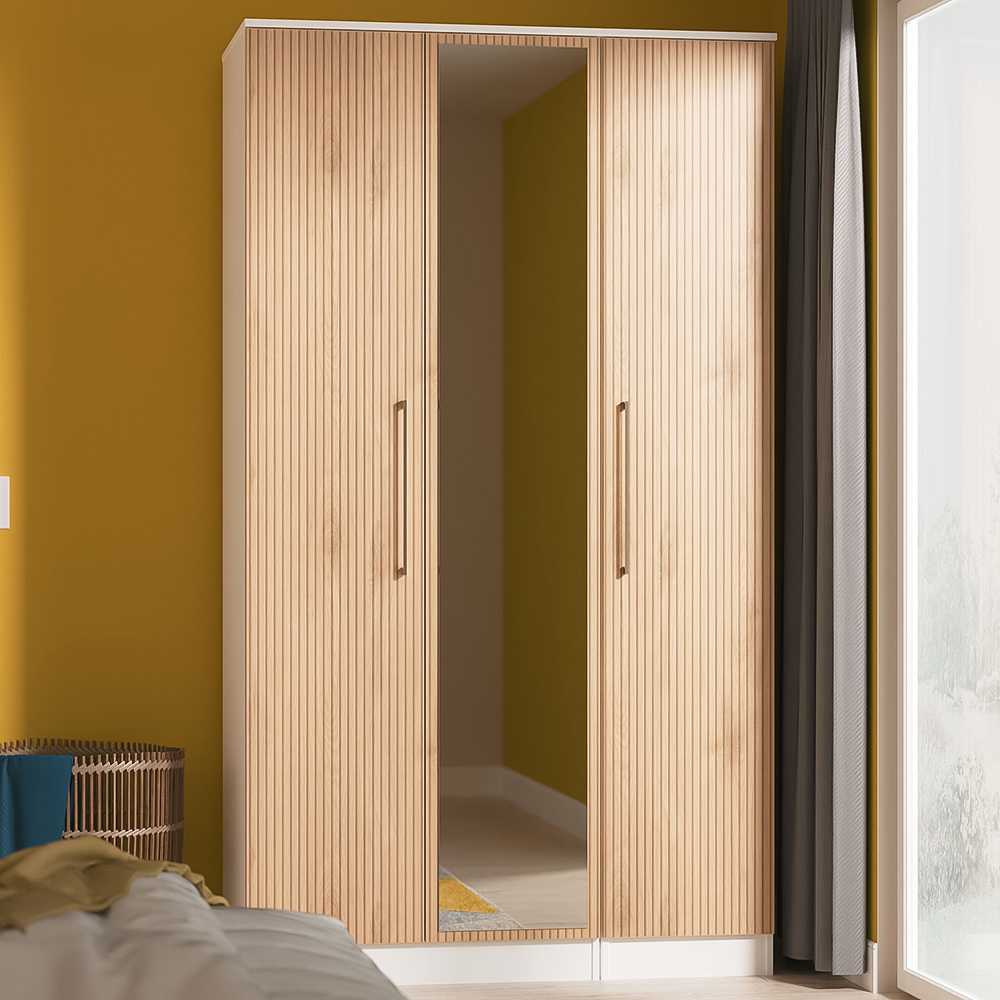 Crowndale Worcester 3 Door Slatt Effect and White Tall Mirrored Wardrobe Ready Assembled Image 1