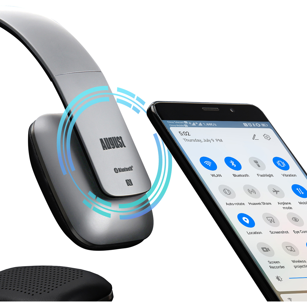 August EP636S Silver Wireless Rechargeable On-Ear NFC Bluetooth Headphones with Mic Image 4