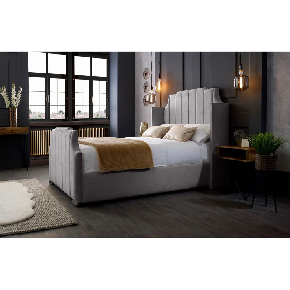 Eleganza Home Nelly Super King Size Silver Plush Velvet Bed Frame with Winged Headboard Image 3