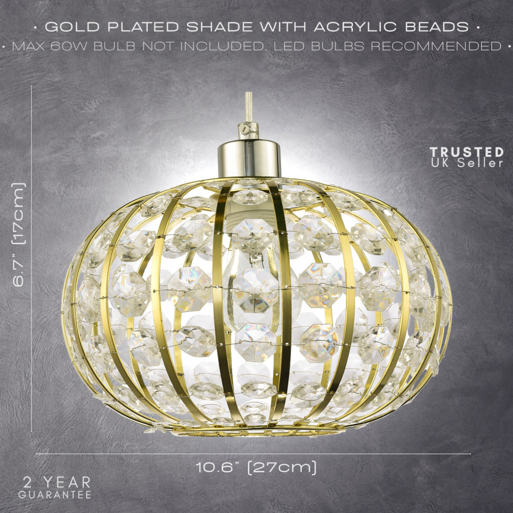 Happy Homewares Gold Plated Cage Pendant Shade with Acrylic Bead Image 7