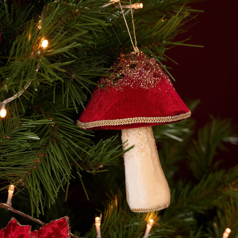 The Christmas Gift Co Red Velvet Mushroom Hanging Decoration Image 2