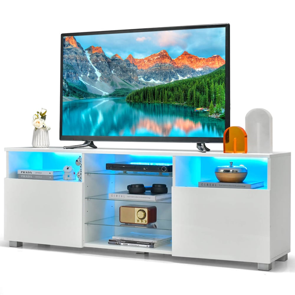 Costway 2 Door 6 Shelf White TV Unit with LED Image 2