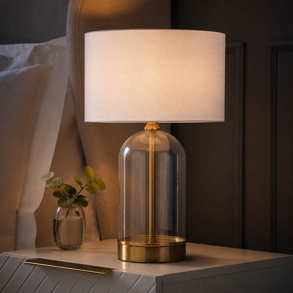 ValueLights Jessy White Fabric Drum Shade Gold Trim Glass Table Lamp with Bulb Image 2