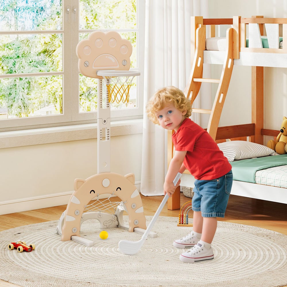 Costway 3-in-1 Kids Coffee Adjustable Basketball Hoop Sports Centre with Soccer Game Image 2