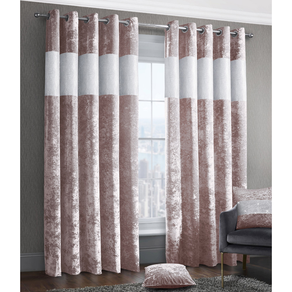 Intimates Blush Pink Crushed Velvet Diamante Fully Lined Ring Top Curtains 117 x 137cm Image 3