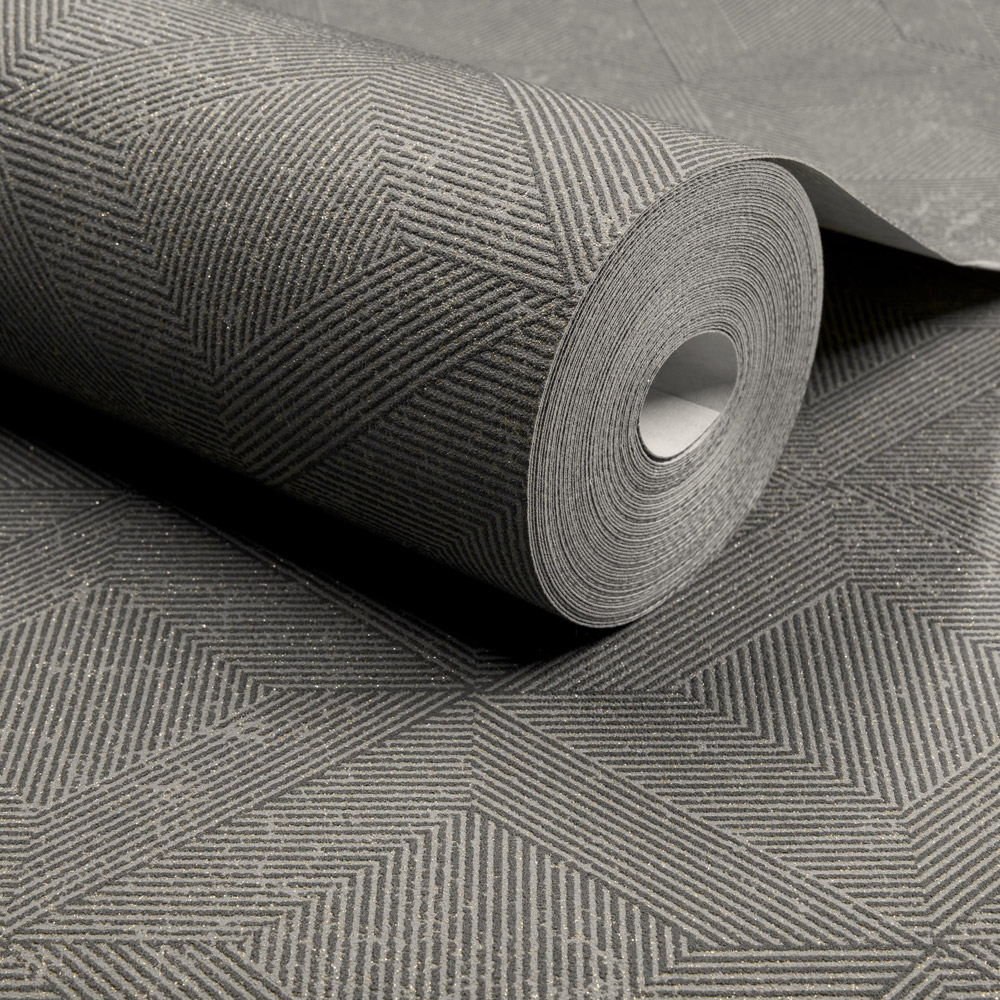 Grandeco Danillo Soft Geometric Pattern Metallic Blown Vinyl Charcoal Black Wallpaper Image 2