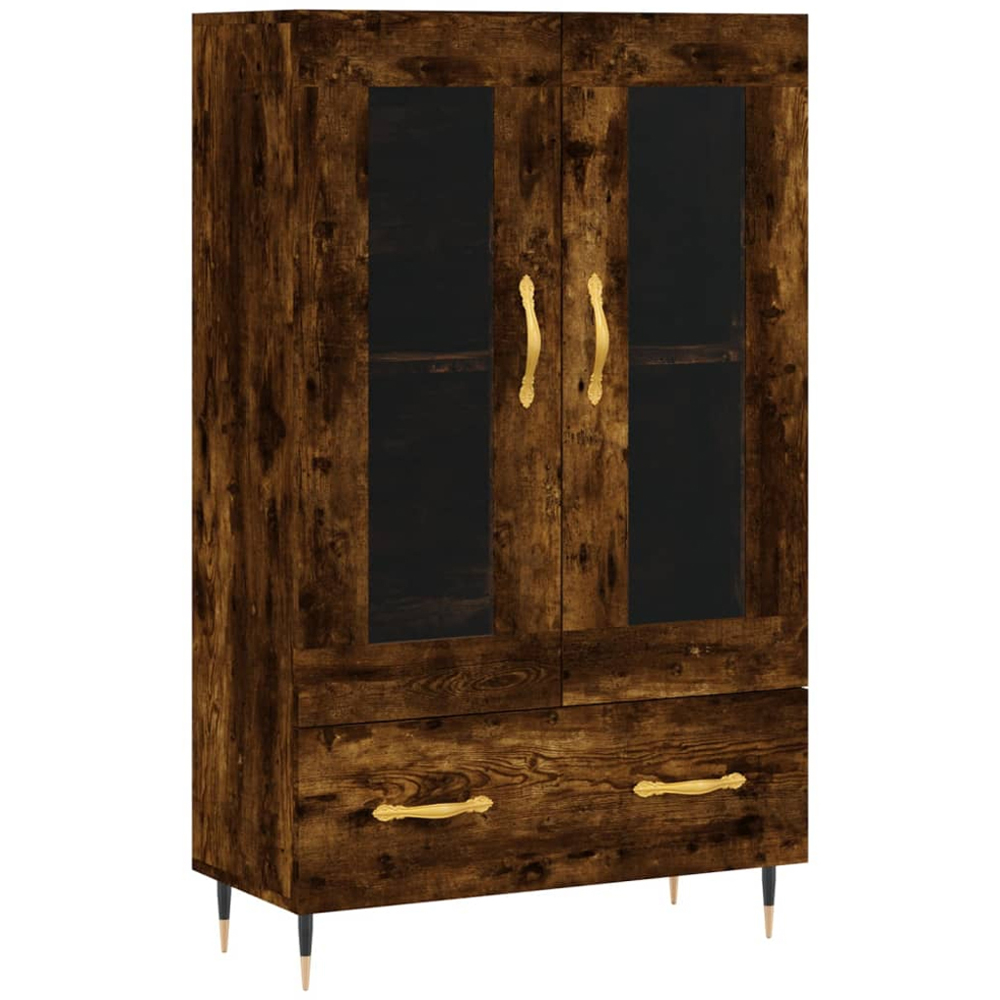 vidaXL 2 Glass Door Single Drawer Smoked Oak Highboard with Metal Legs Image 2