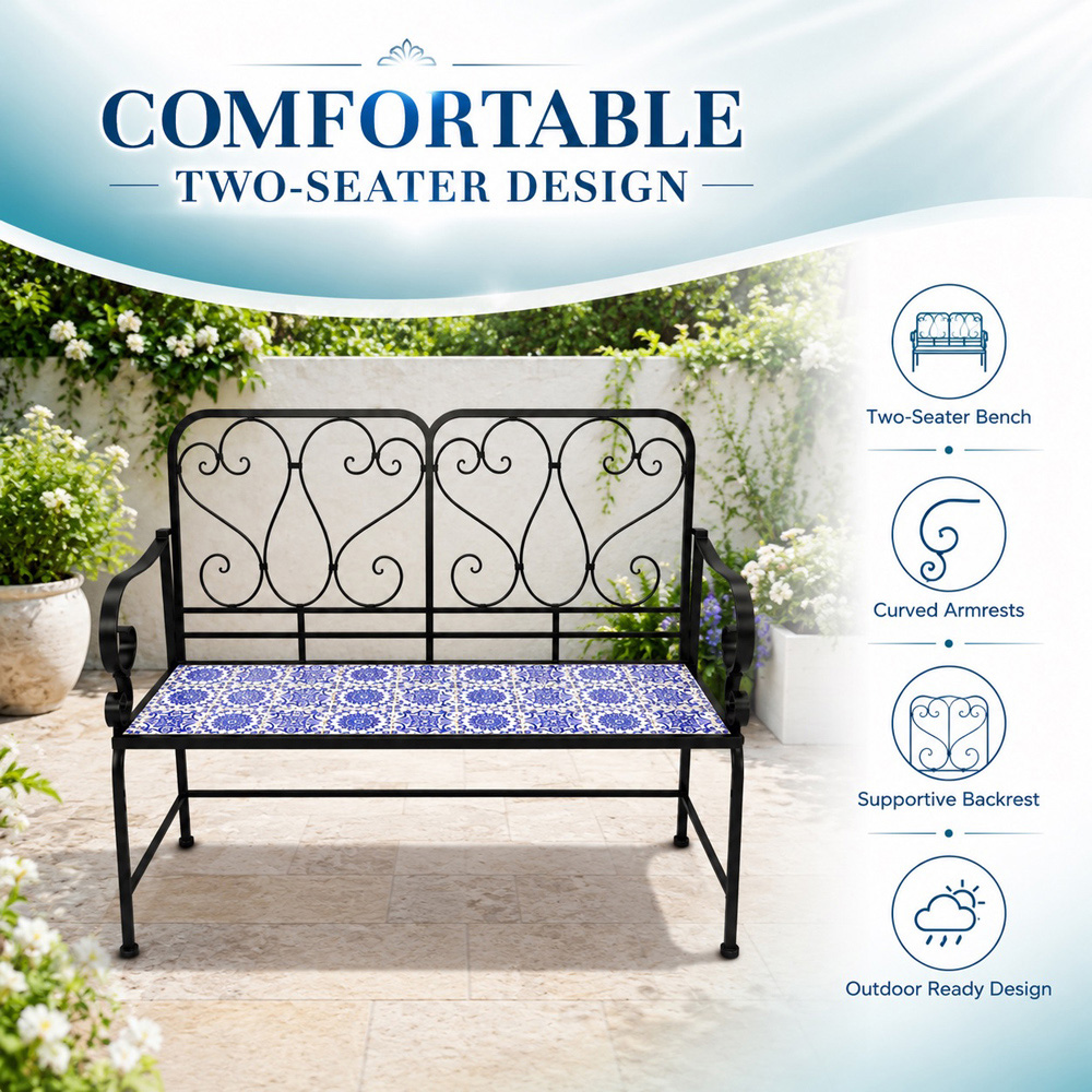 Shatchi Porto Mosaic 2 Seater Garden Bench Image 4