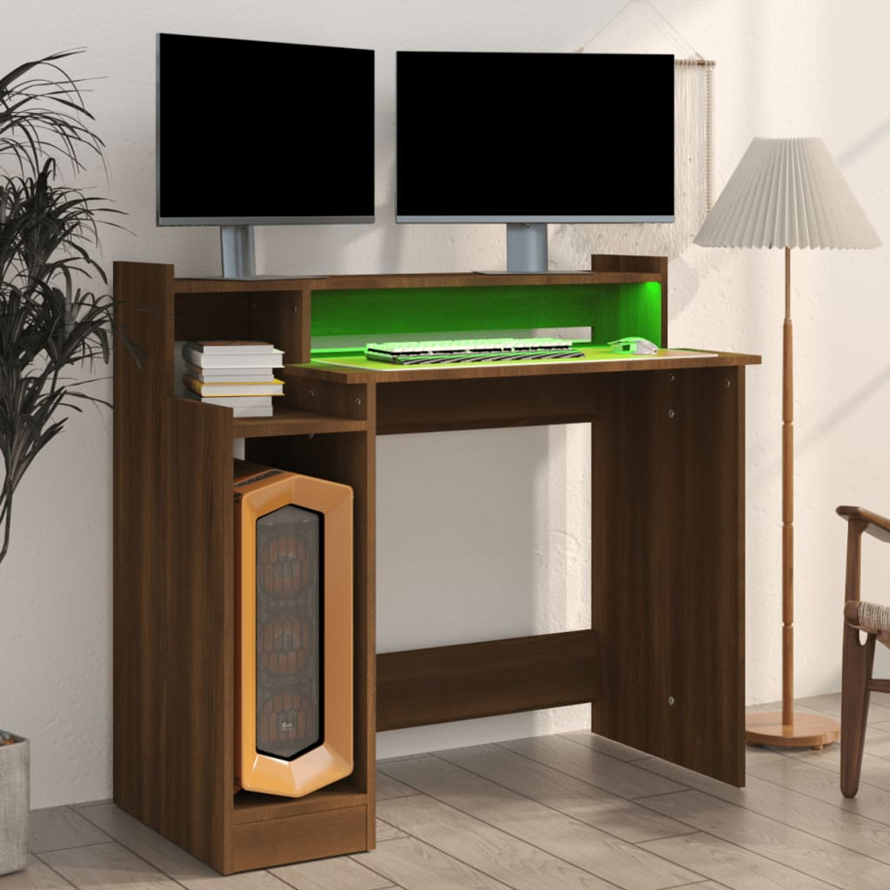 vidaXL 3 Shelf LED Computer Desk Brown Oak Image 8