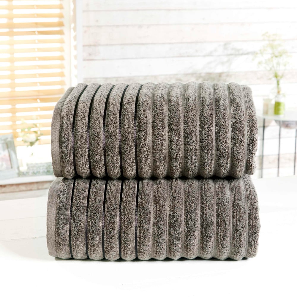 Rapport Home Charcoal Grey Ribbed Cotton Bath Sheet Bundle Set of 2 Image 2