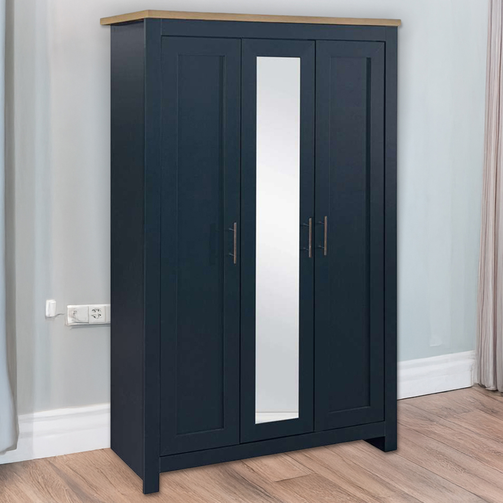 Birlea Highgate 3 Door Navy Blue and Oak Mirrored Wardrobe Image 1