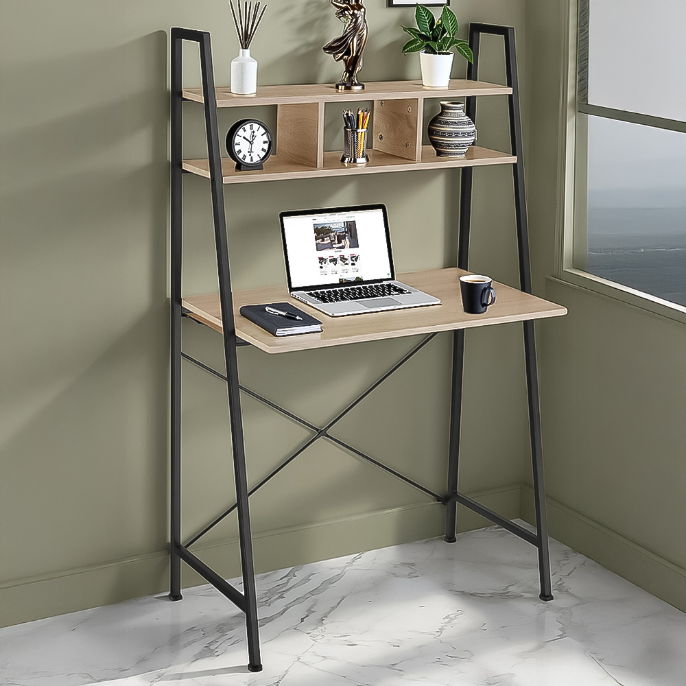 tectake Exeter Oak Sonoma Desk with Overhead Shelf Image 1