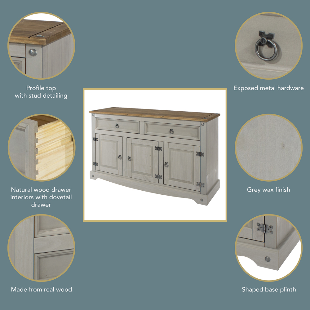 Corona 3 Door 2 Drawer Grey Washed Wax Finish Medium Sideboard Image 7