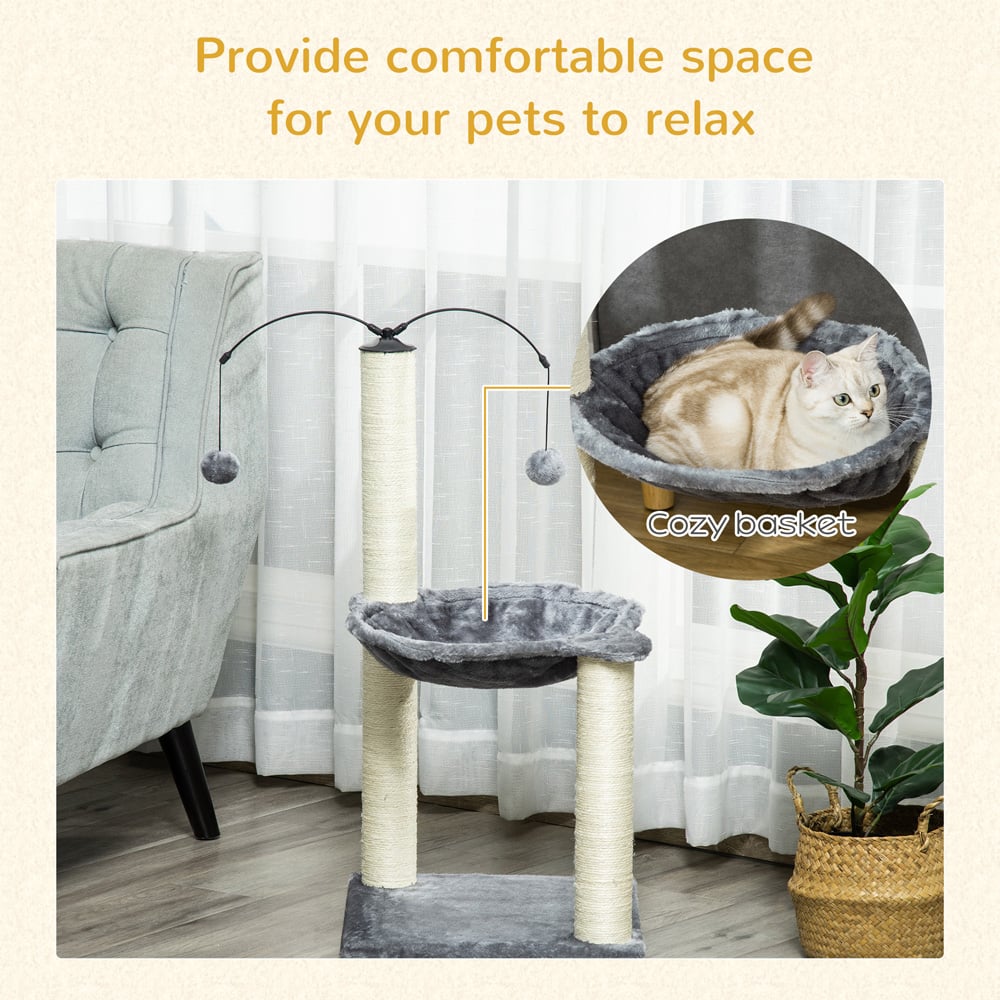 PawHut Grey Cat Scratching Tower with Hammock and Toy Balls Image 4