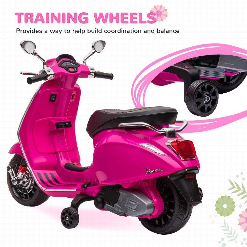 Tommy Toys Pink Vespa Licensed Kids Electric Bike with 2 Training Wheels 12V Image 6