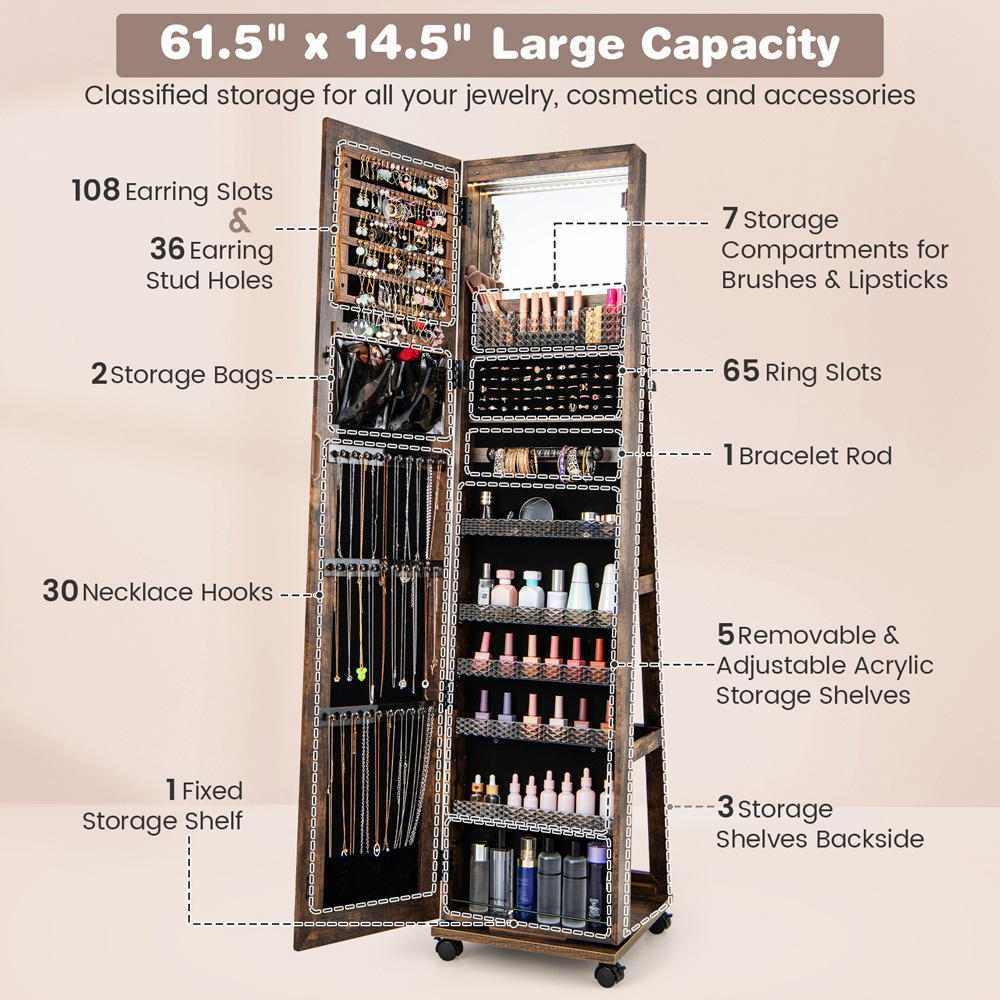 Costway Rustic Brown Lockable Jewellery Cabinet with Built-in LED Lighted Mirror Image 8
