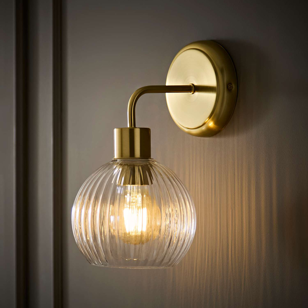 ValueLights Maddison Clear Rib Glass Globe Gold Metal Wall Light Fitting with Bulb 2 Pack Image 6