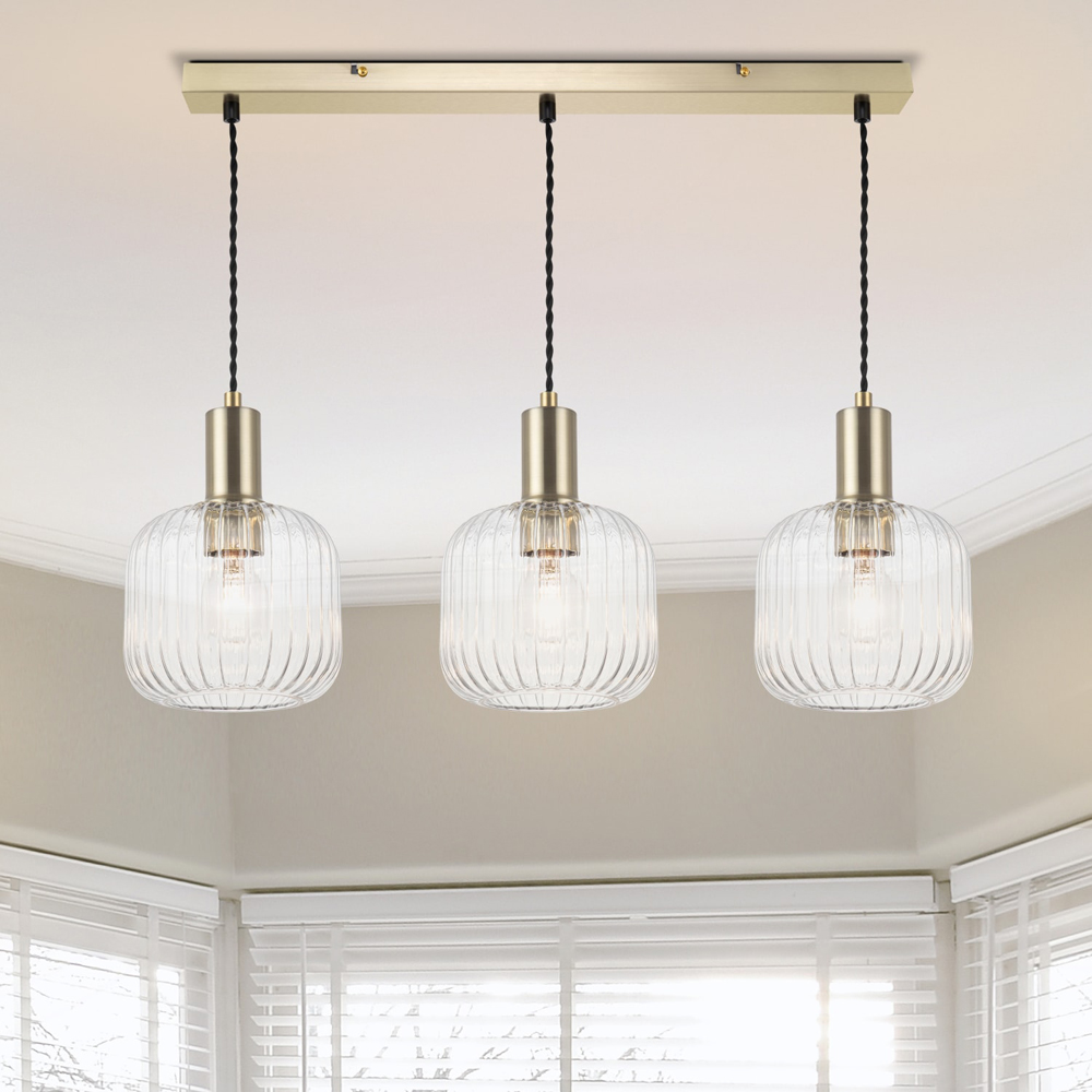 Cosylyte Clayton Brushed Brass Ribbed Glass 3 Light Bar Pendant Light Image 2