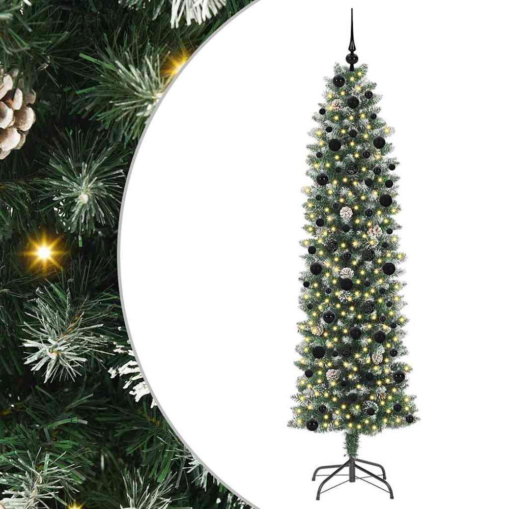 vidaXL Pre-Lit Warm White LED and Black Baubles Green Slim Artificial Christmas Tree 8ft Image 7
