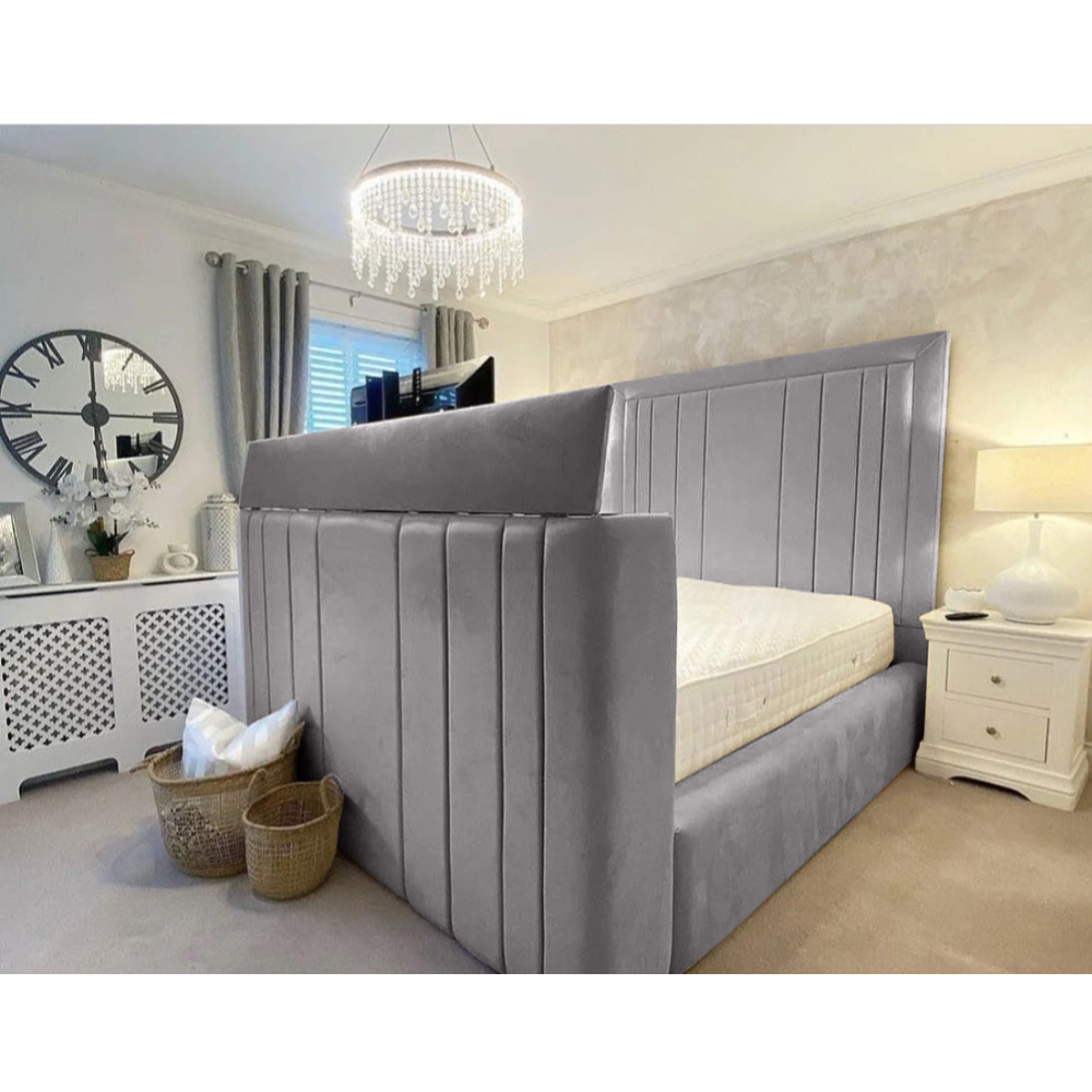 Eleganza Home Genna Double Silver Plush Velvet TV Bed Frame with Lined Headboard Image 3