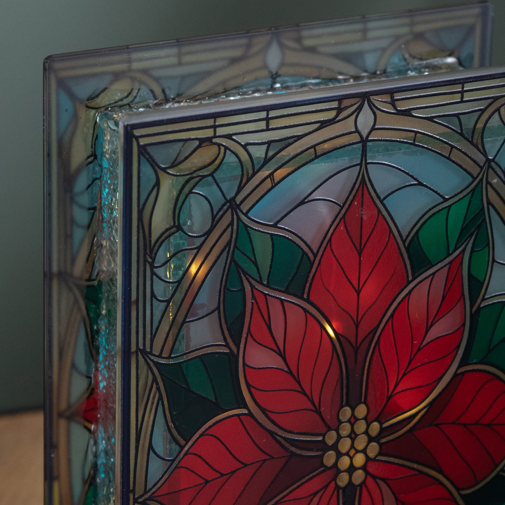 Samuel Alexander Warm White LED Double Sided Stained Glass Light Up Poinsettia Decoration Image 5