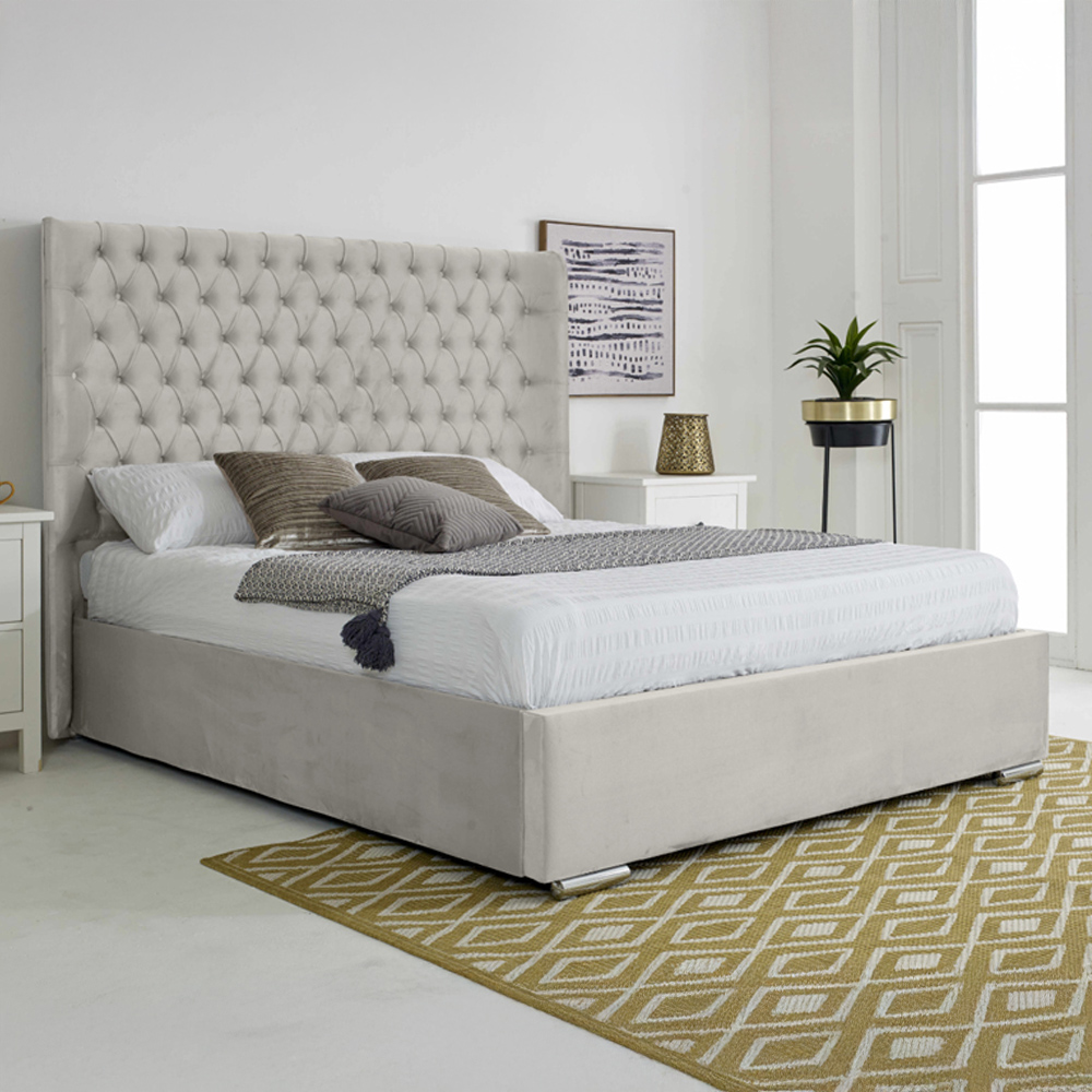 Eleganza Home Woodlake Double Silver Plush Velvet Bed Frame with Chesterfield Headboard Image 1