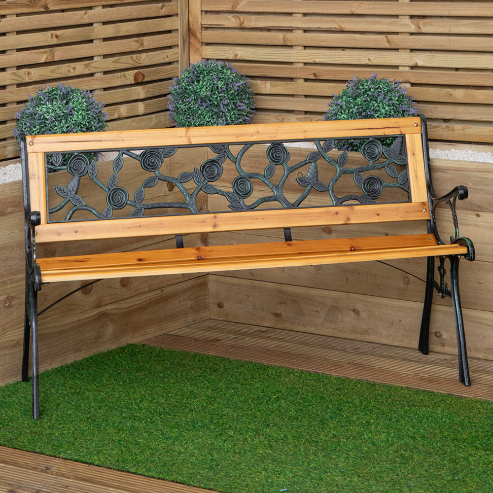 Samuel Alexander 2 Seater Rose Design Wooden and Cast Iron Garden Bench Image 1