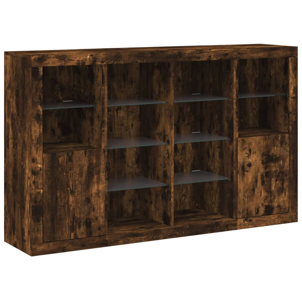 vidaXL 2 Door 12 Shelf Smoked Oak Wide Sideboard with LED Lights 3 Piece Image 5