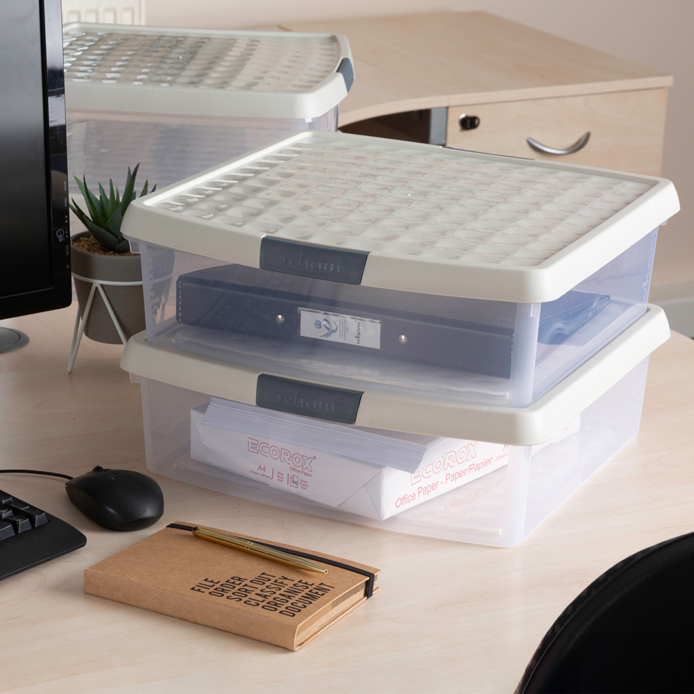 Wham Clip 13.2L Clear Stone and Slate Grey Square Storage Box with Lid 4 Pack Image 2