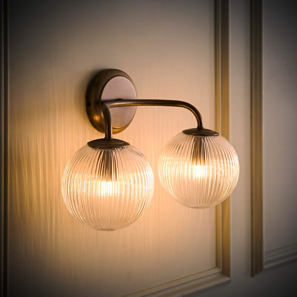 ValueLights Kempton 2 Arm Ribbed Glass Globe Brushed Brass LED Wall Light with Bulb Image 2