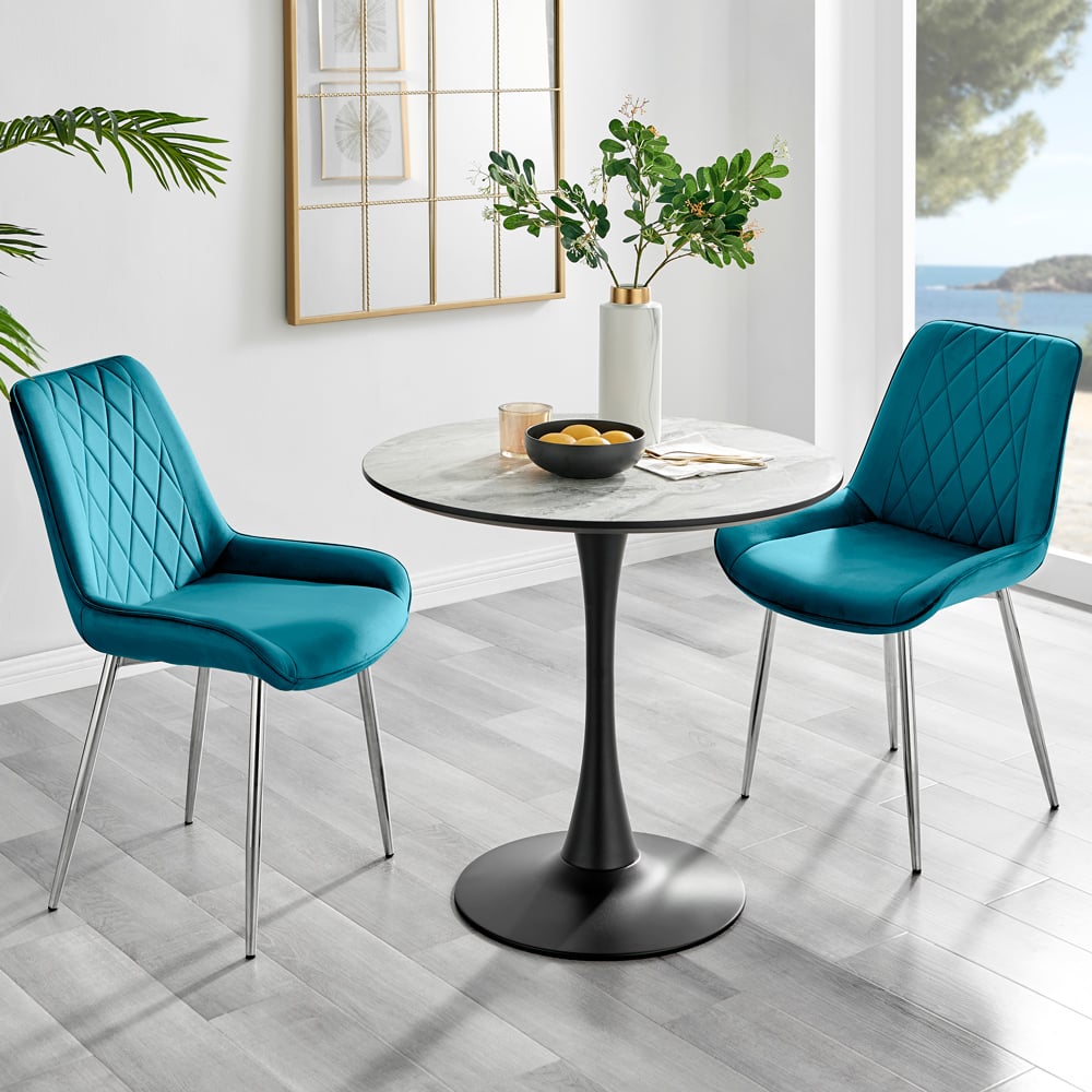 Furniturebox Elissa Cesano Marble Effect 2 Seater Round Dining Set White Blue and Chrome Image 1