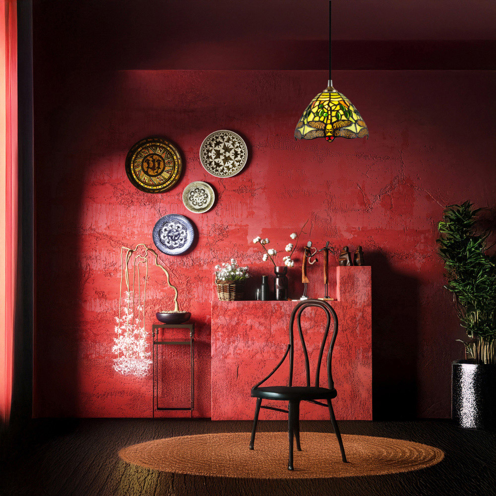 Happy Homewares Green Stained Glass Dragonfly Tiffany Pendant Lighting Shade Image 2