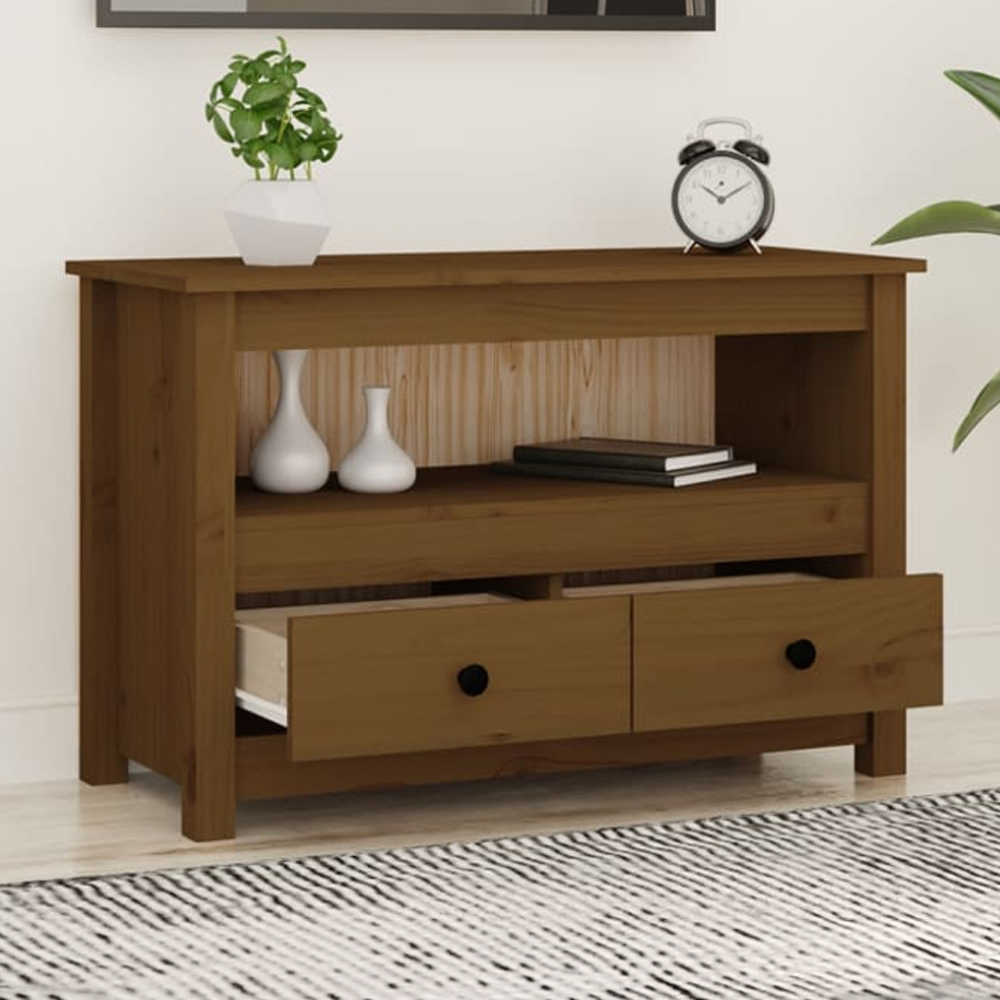 vidaXL 2 Drawer Single Shelf Honey Brown Solid Pine Wood TV Cabinet Image 1