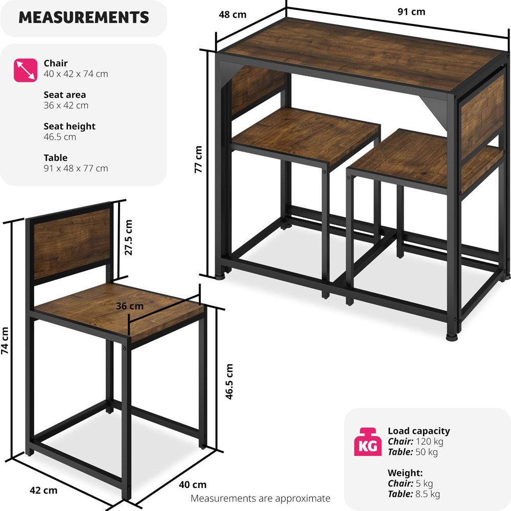tectake Milton 2 Seater Industrial Dark Wood Dining Set Image 8