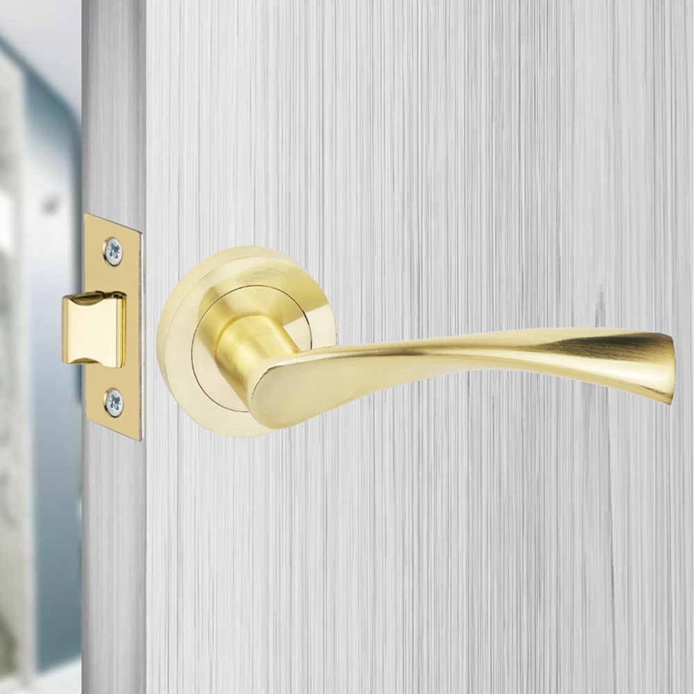 Golden Grace Astrid Satin Brass Bathroom Door Handles Thumbturn and Mortise Lock Set Image 2