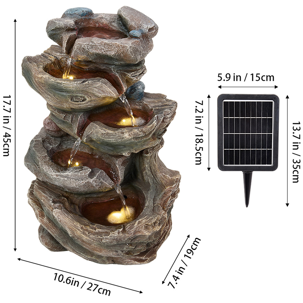 Living and Home 5-Tier Tiered Log Wood and Rock Effect Solar LED Water Feature Image 5