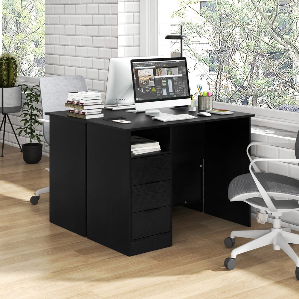 Costway 3 Drawer Single Shelf Black Home Office Desk with Power Outlet Image 5