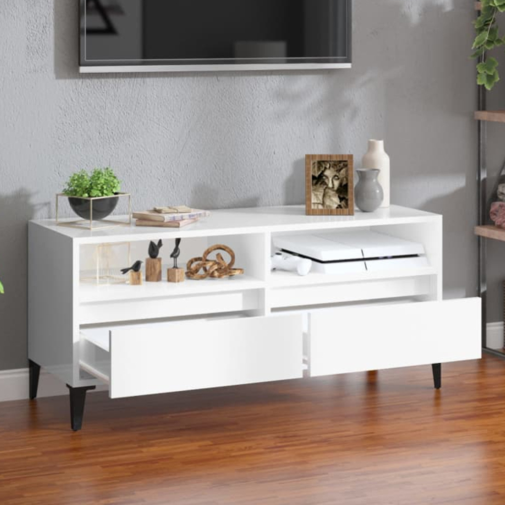 vidaXL 2 Drawer 2 Shelf High Gloss White TV Cabinet Image 1
