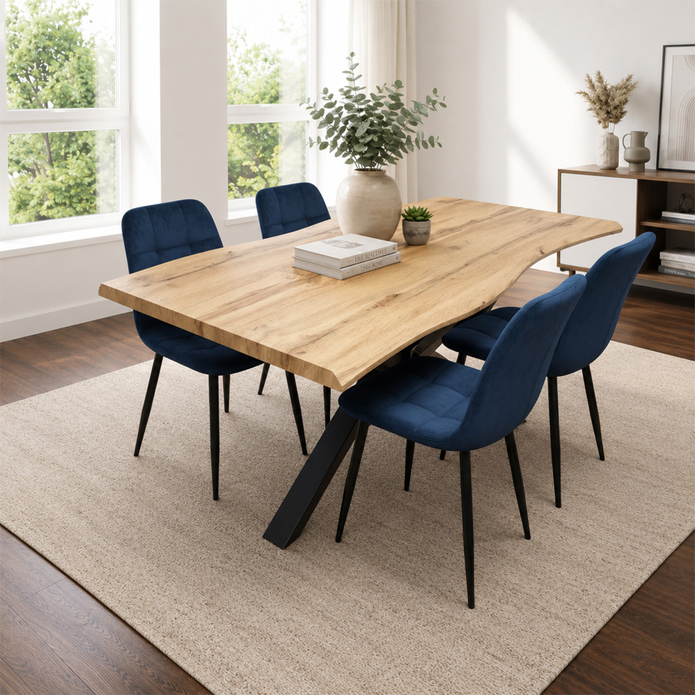 Portland 4 Seater Velvet Tufted Wooden Tabletop Dining Set Blue Image 2