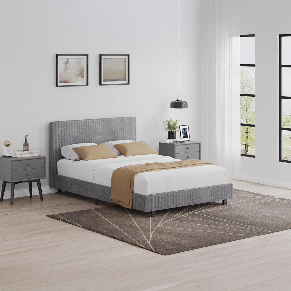 FWStyle Double Grey Upholstered Ribbed Linen Bed Frame Image 7