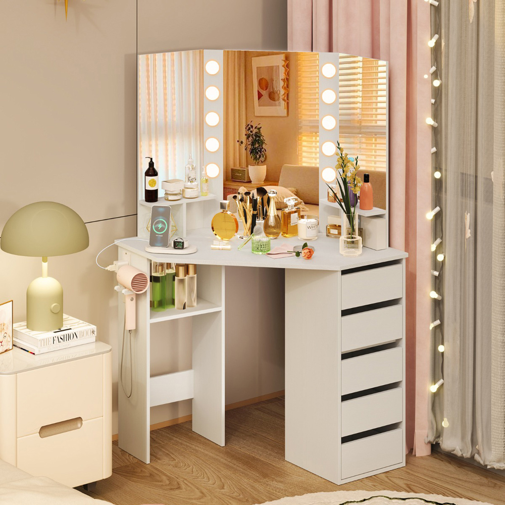 Costway White Vanity Desk with Lighted Mirror and Power Outlet Image 4