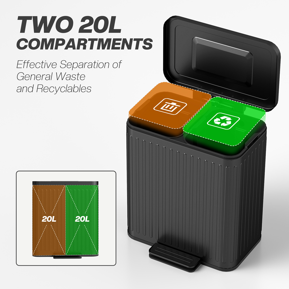 HOMCOM Black Double Rubbish Bin with Soft Close Lid 40L Image 8