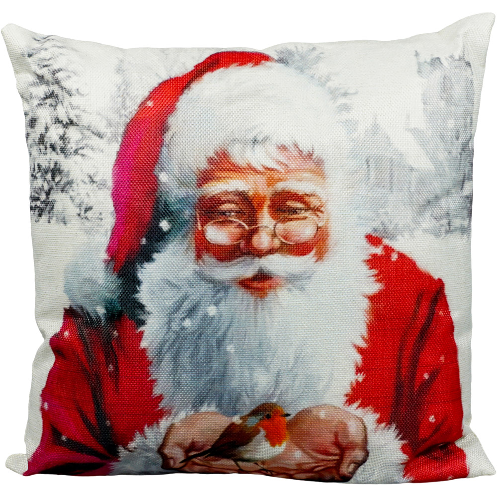 Xmas Haus Festive Santa and Robin Christmas Cushion 40 x 40cm Image 1