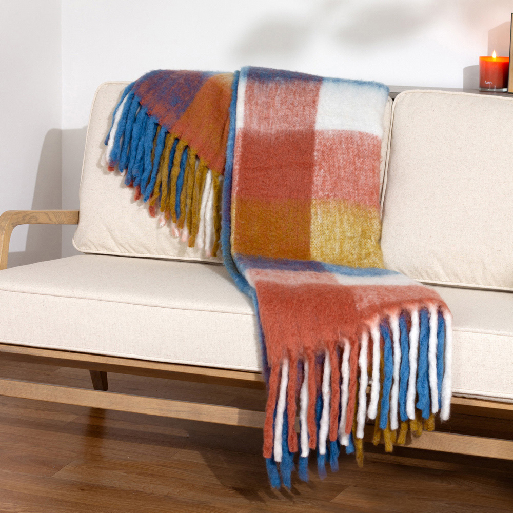 furn. Alba Multicolour Faux Mohair Checked Throw 130 x 180cm Image 2