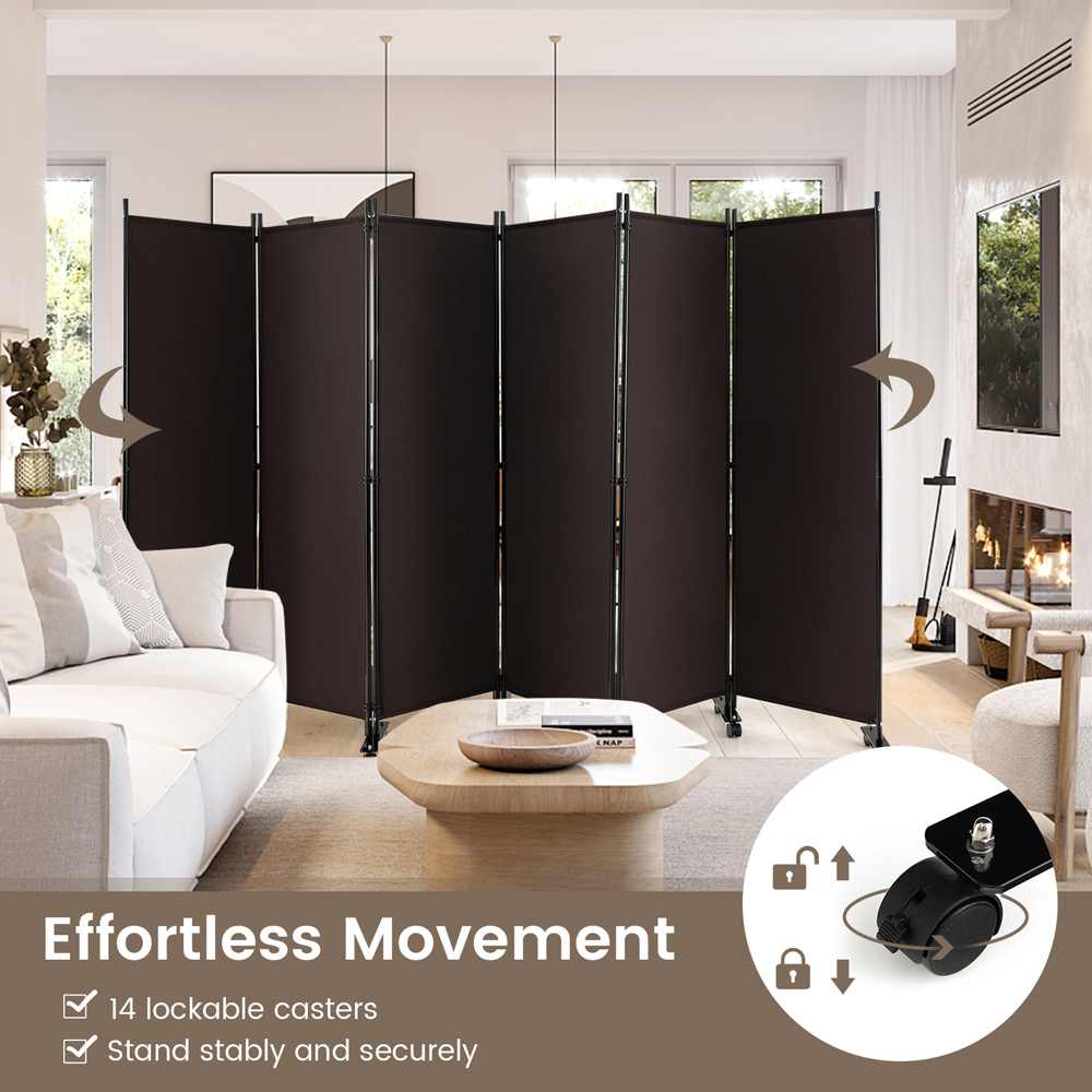 Costway 6 Panel Brown Room Divider on Wheels Image 5