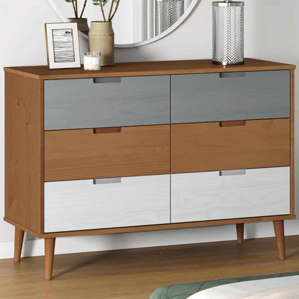 vidaXL 6 Drawer Brown and White Solid Pine Wood Drawer Cabinet Image 1