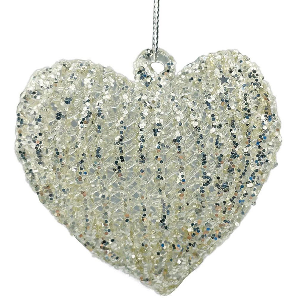 Chic Noir Silver Crackle Effect Glass Heart Hanging Ornament Image