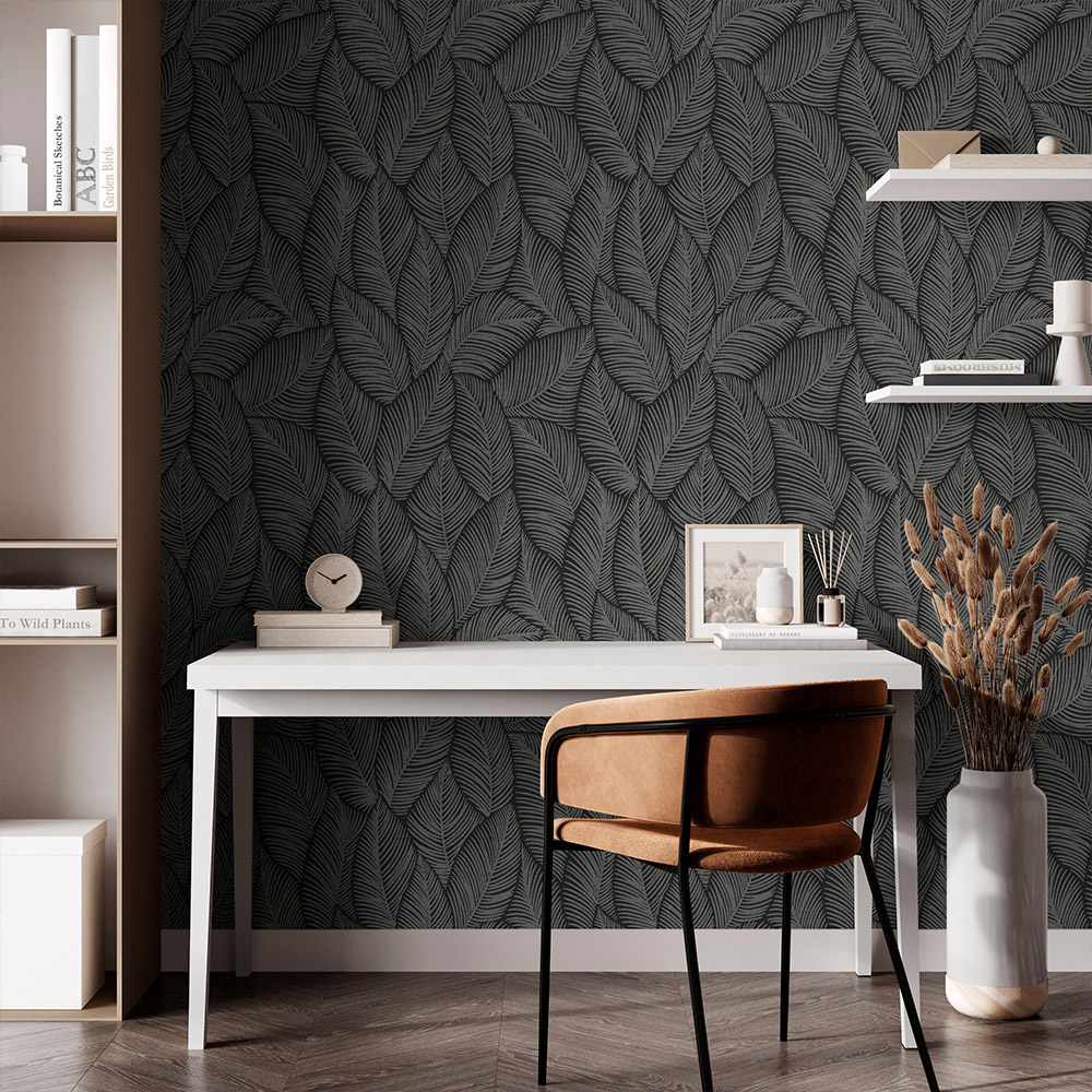 Muriva Denver Leaf Charcoal Wallpaper Image 3
