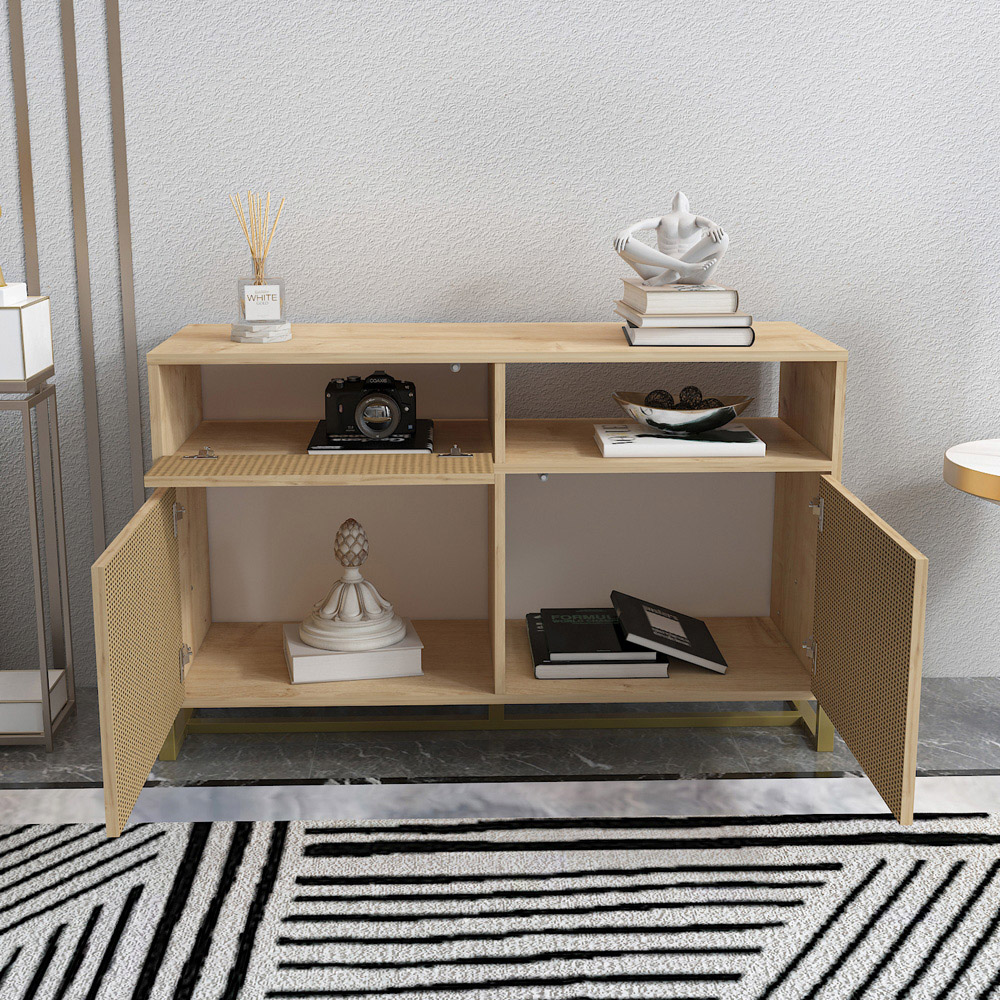 Decorotika Utopie 3 Door Singe Shelf Oak and Rattan Modern Storage Cabinet Image 5