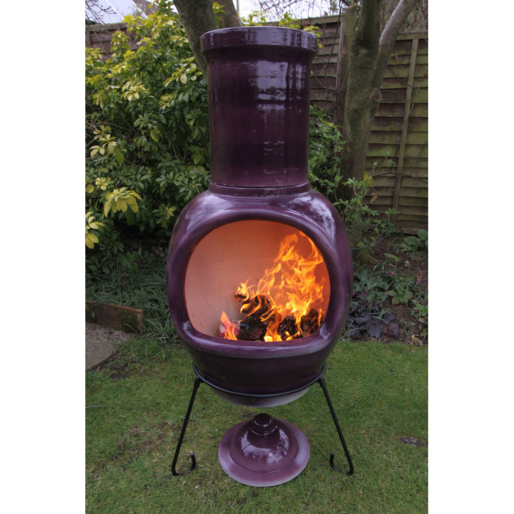 Gardeco Asteria Extra Large Glazed Purple Chimalin AFC Chimenea with Stand and Lid Image 2